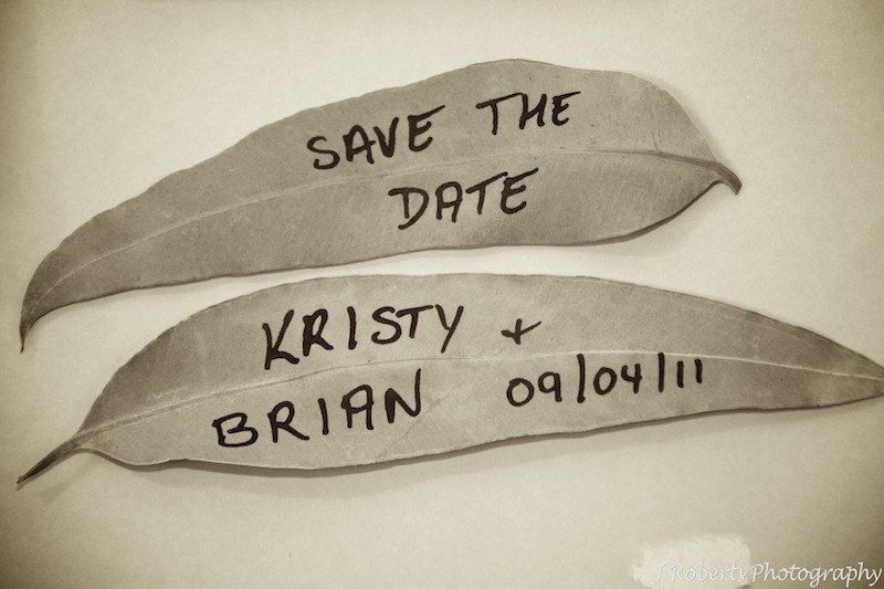 Gum leaf save the date message - wedding photography sydney